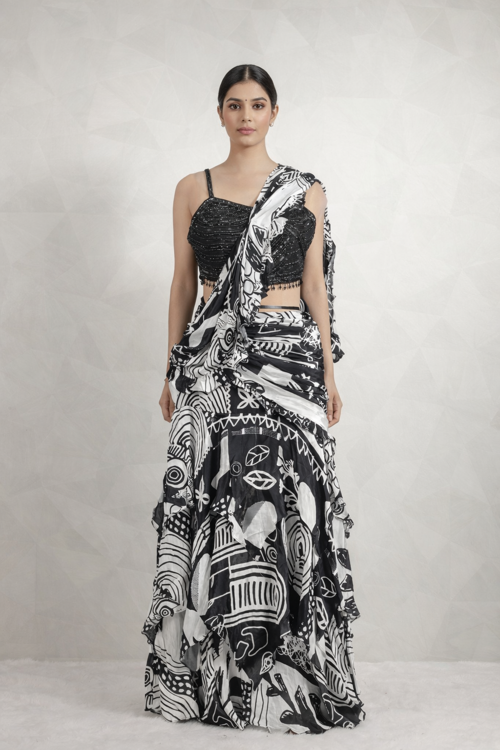 Gorgeous Draped Printed Saree With Ready Sequins And Cut Dana Blouse