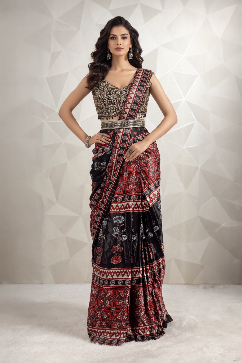 Gorgeous MultiColored Draped Printed Saree With Ready Sequins And Cut Dana Blouse