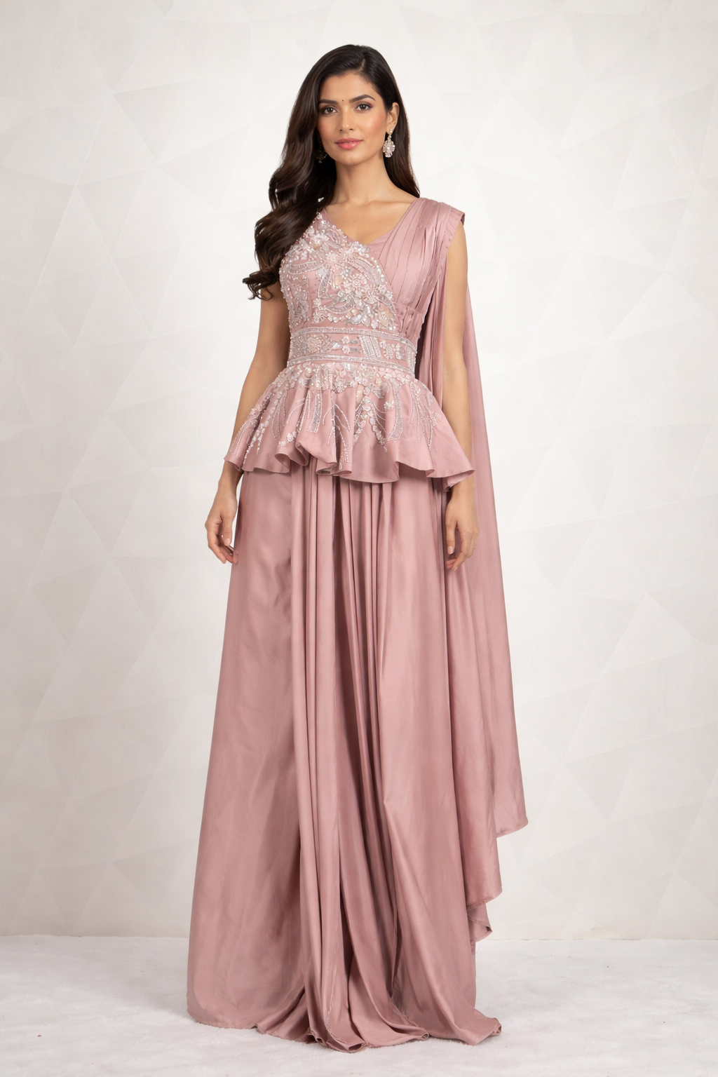 Fancy Mauve Draped Saree With Ready Sequins And Cut Dana Blouse