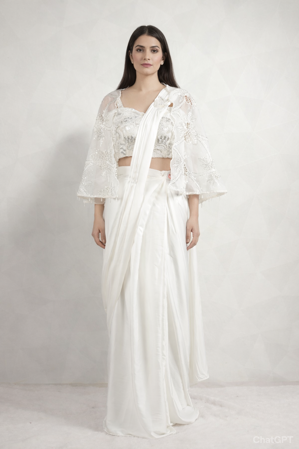 Fancy White Draped Saree With Ready Blouse And Jacket