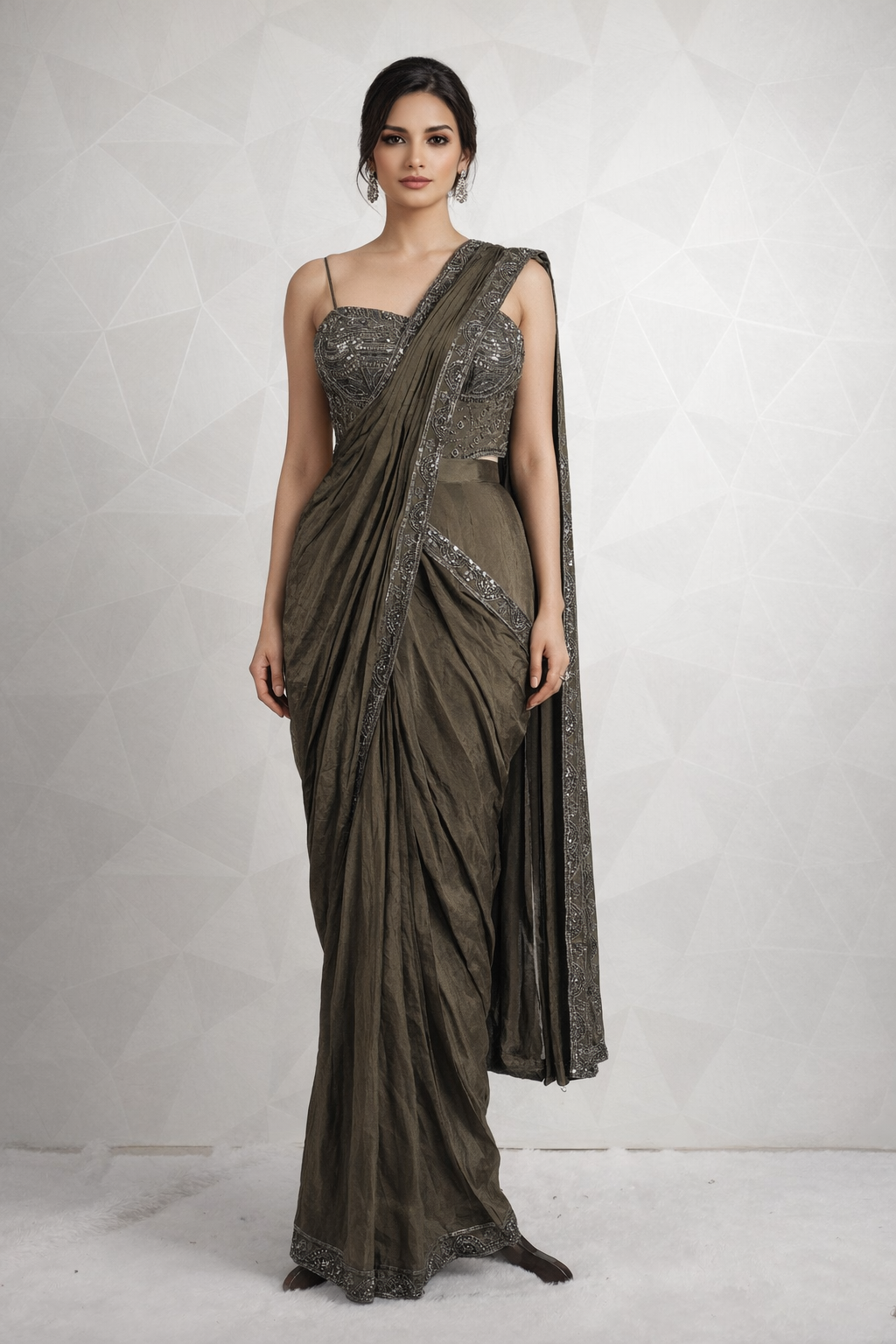 Gorgeous Olive Green Draped Saree With Ready Sequins, Cut Dana And Thread Blouse