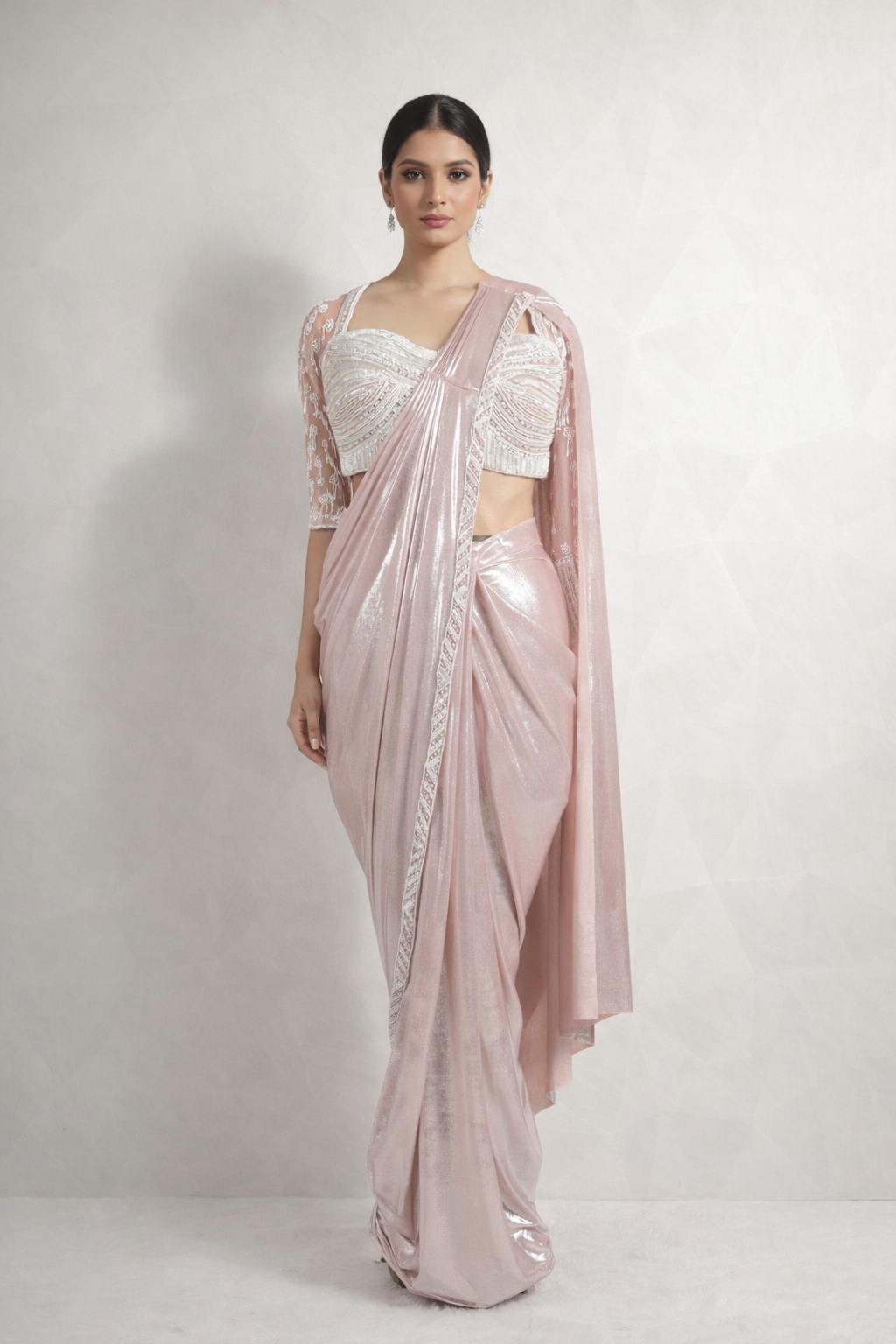 Beautiful Baby Pink Draped Saree With ready Mirror, Sequins And Bead Blouse