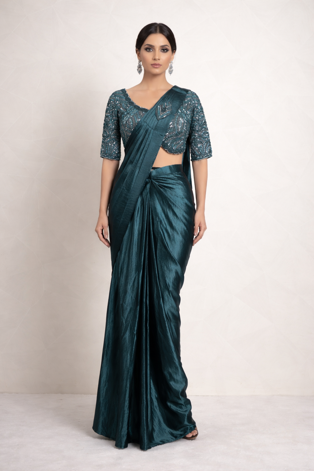 Stunning Cyan Draped Saree With Ready Sequins And Diamond Blouse