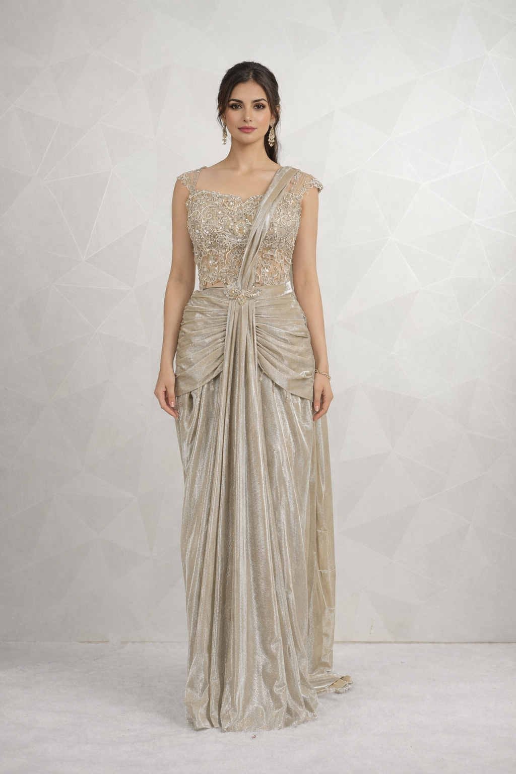 Amazing Designer Beige-gold Draped saree With Ready Corset Blouse