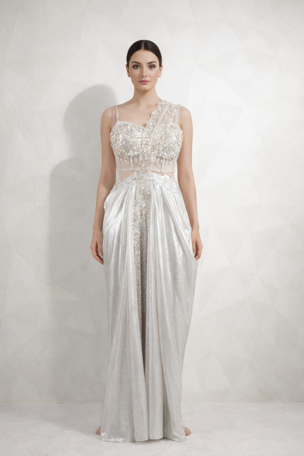 Amazing Designer White-Silver Draped Saree With Ready Corset Blouse