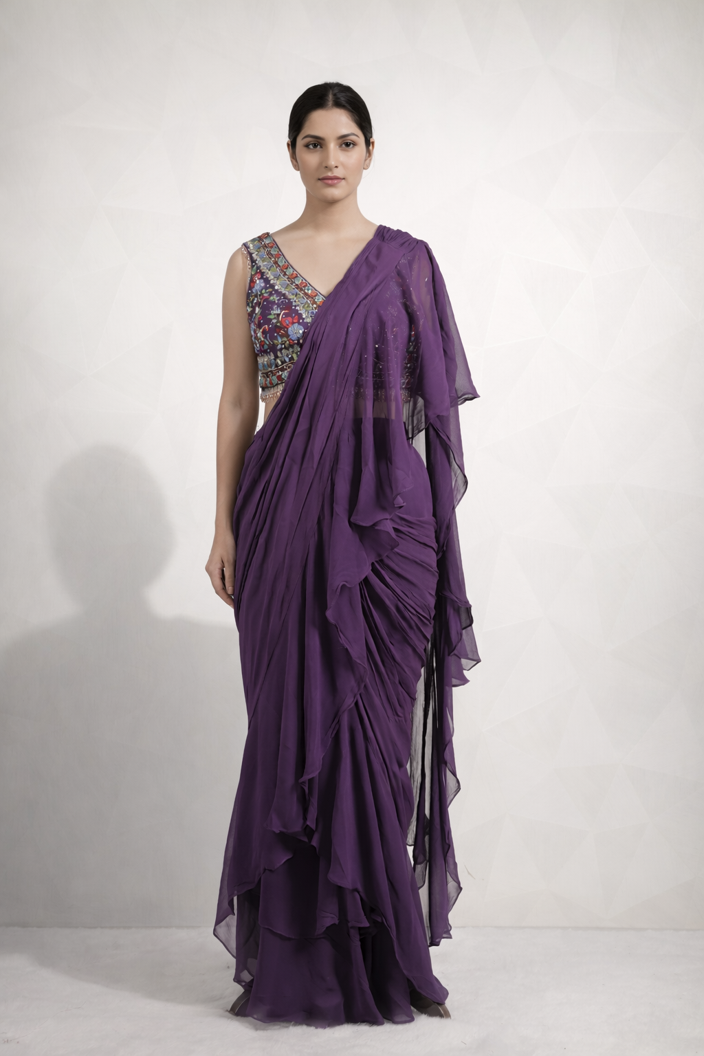 Gorgeous Purple Draped Saree With Ready Mirror, Thread And Sequins Blouse