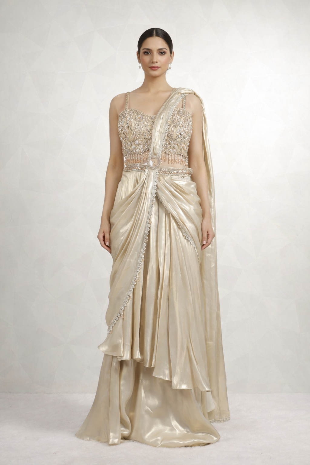 Designer Beige-gold Draped Saree With Ready Sequins And Pearl Blouse
