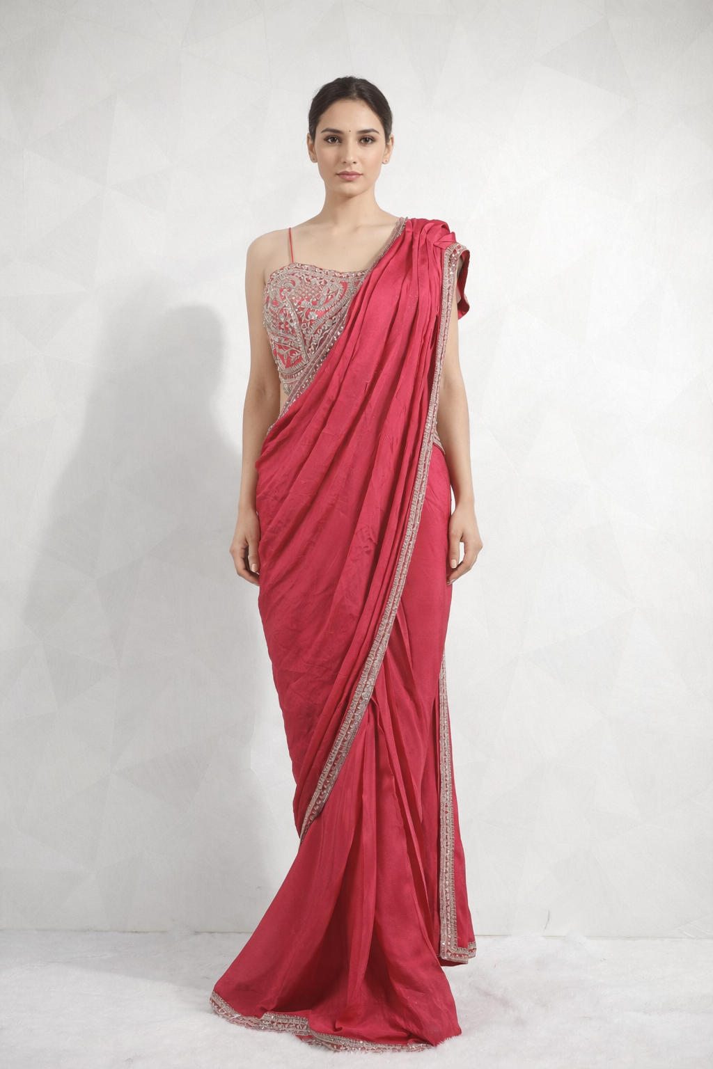 Elegant Rani Red Draped Saree With Ready Zari And Sequins Blouse