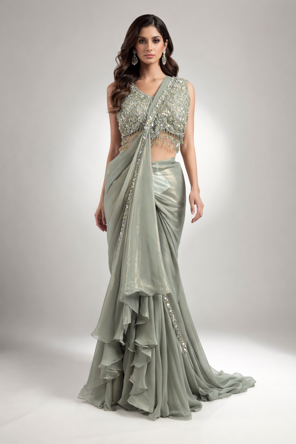 Stunning Green Draped Saree With Ready Sequins And Diamond Blouse