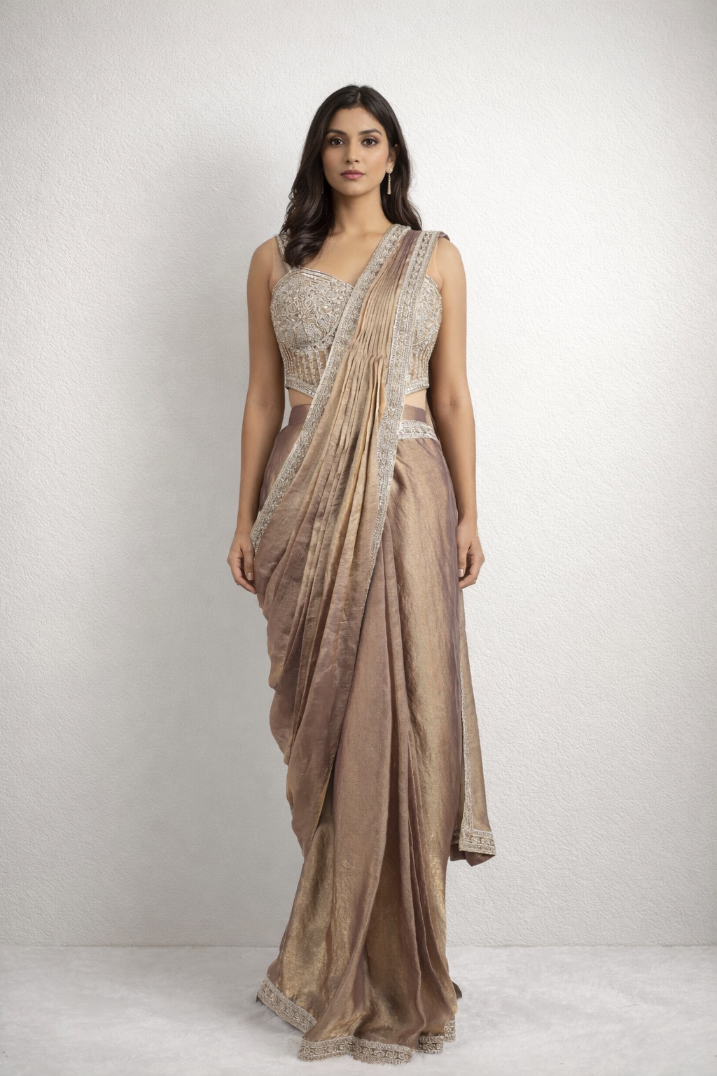 Royal Light Brown Draped Saree With Ready Corset blouse