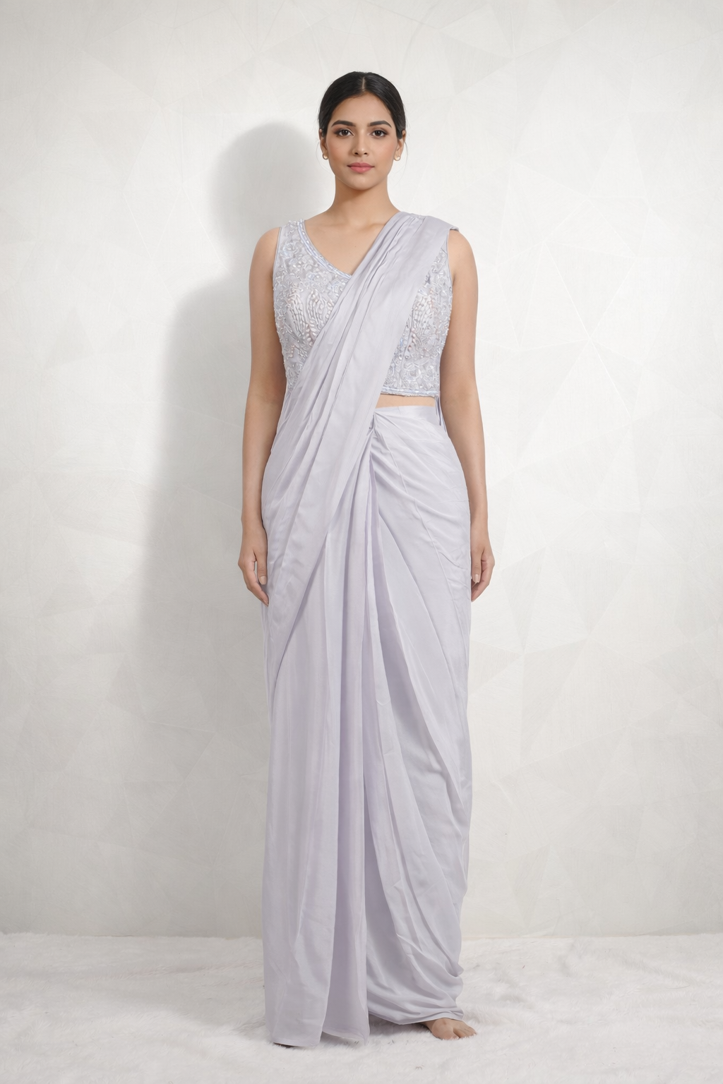 Gorgeous lavender Draped Saree With Ready Sequins And Diamond Blouse