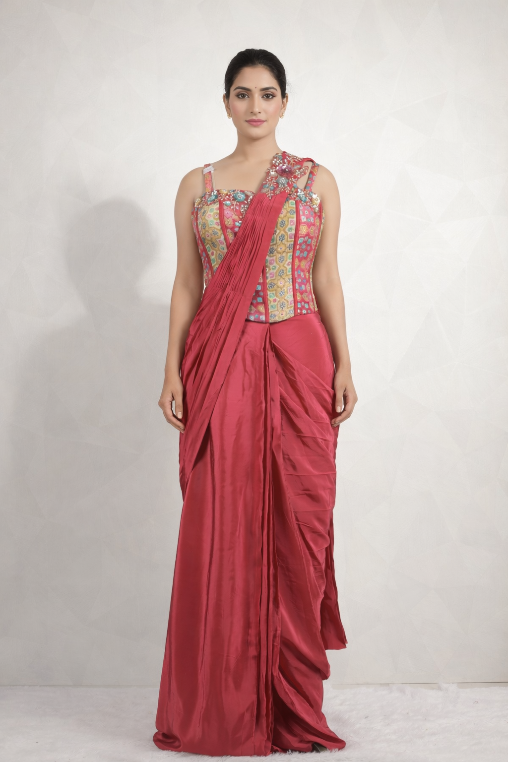 Elegant Red-MultiColored Draped Saree With Ready Corset Blouse