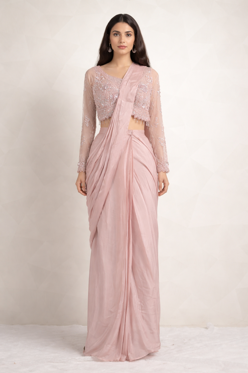 Stunning Baby-Pink Draped Saree With Ready Sequins And Diamond Blouse