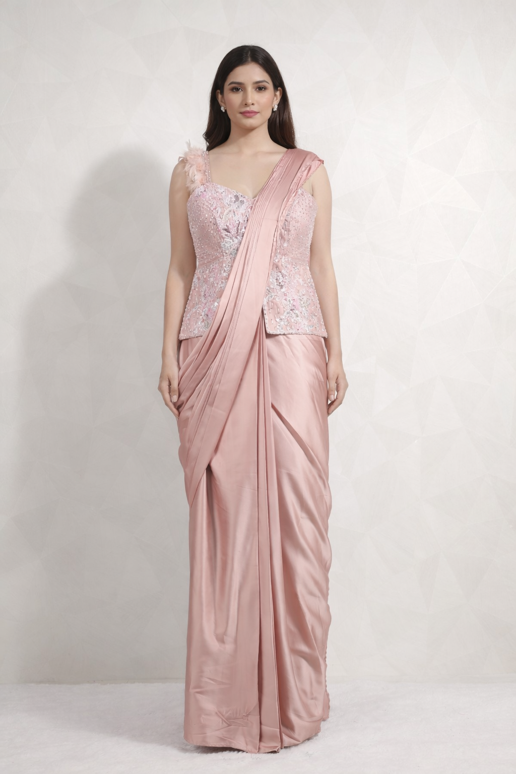 Stunning Baby-Pink Draped Saree With Ready Sequins And Diamond Blouse