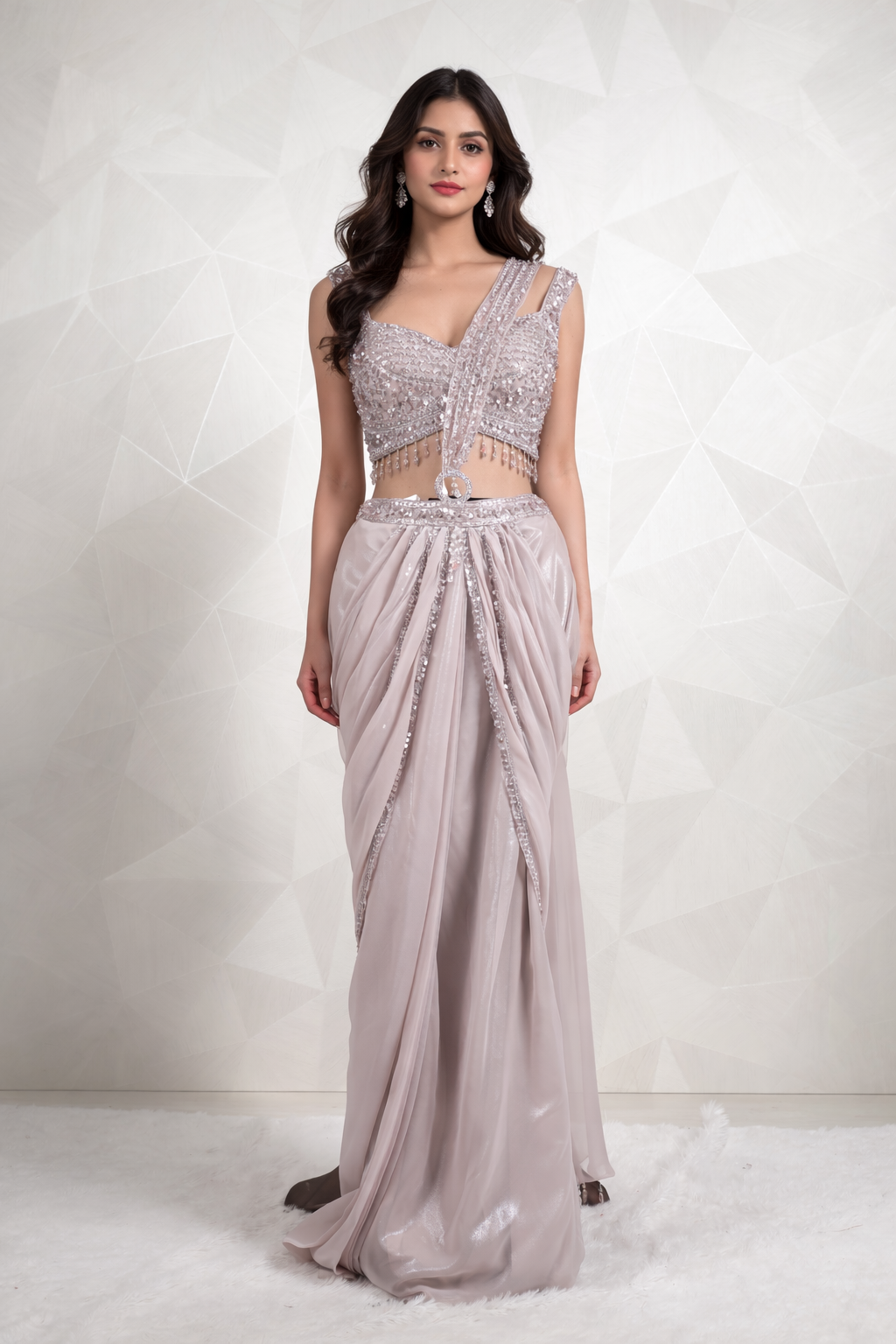 Amazing Designer draped Saree With Ready Sequins And Diamond Work
