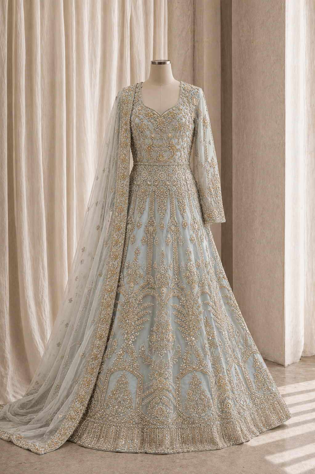 Glamorous Zardozi Work and Dupion Silk Fabric Pastel Green Color Gown