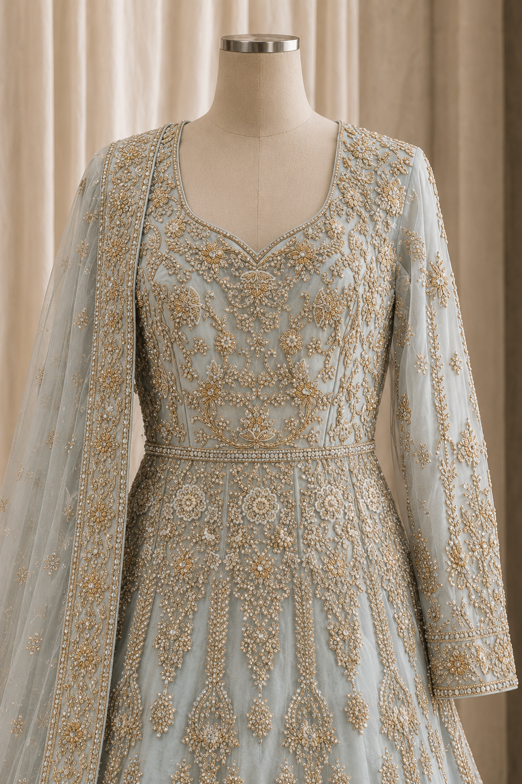 Glamorous Zardozi Work and Dupion Silk Fabric Pastel Green Color Gown