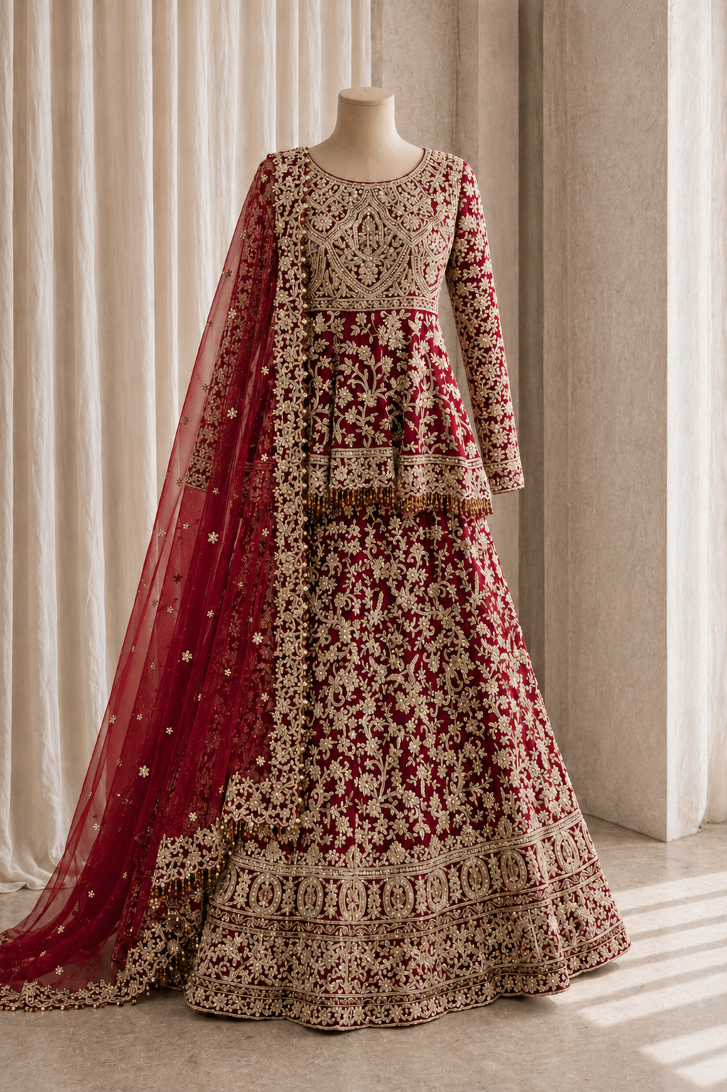 Excellent Zardozi Work and Soft Net Fabric Maroon Color Bridal Indo-Western Gown