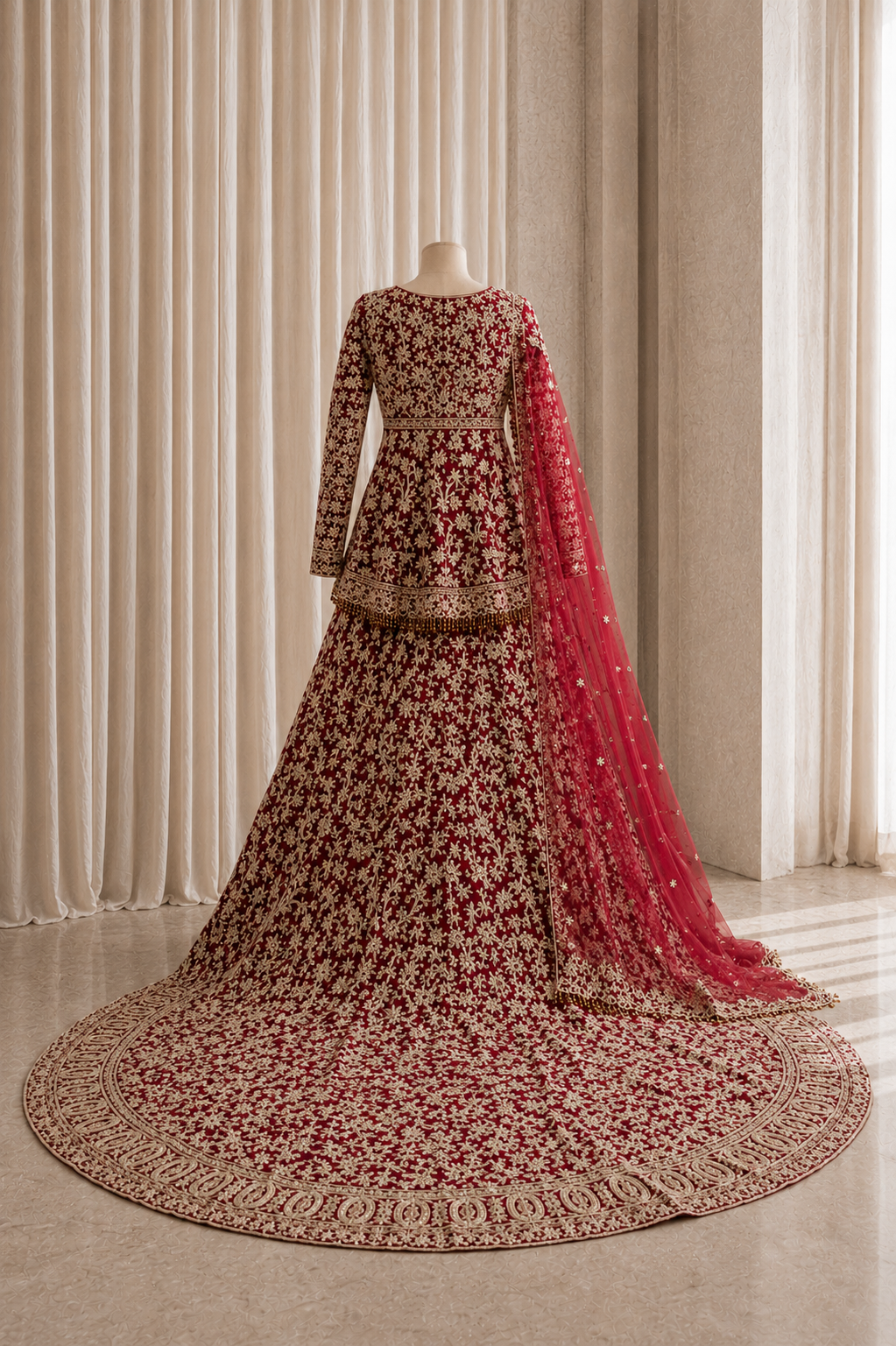 Excellent Zardozi Work and Soft Net Fabric Maroon Color Bridal Indo-Western Gown