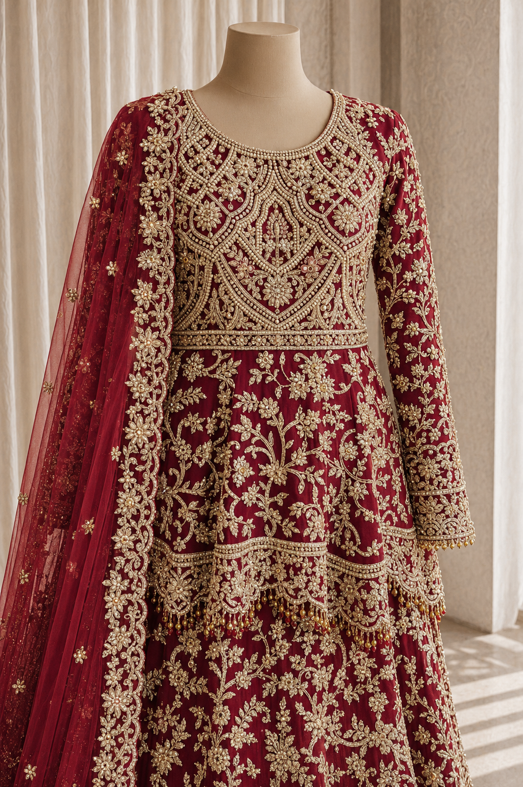 Excellent Zardozi Work and Soft Net Fabric Maroon Color Bridal Indo-Western Gown
