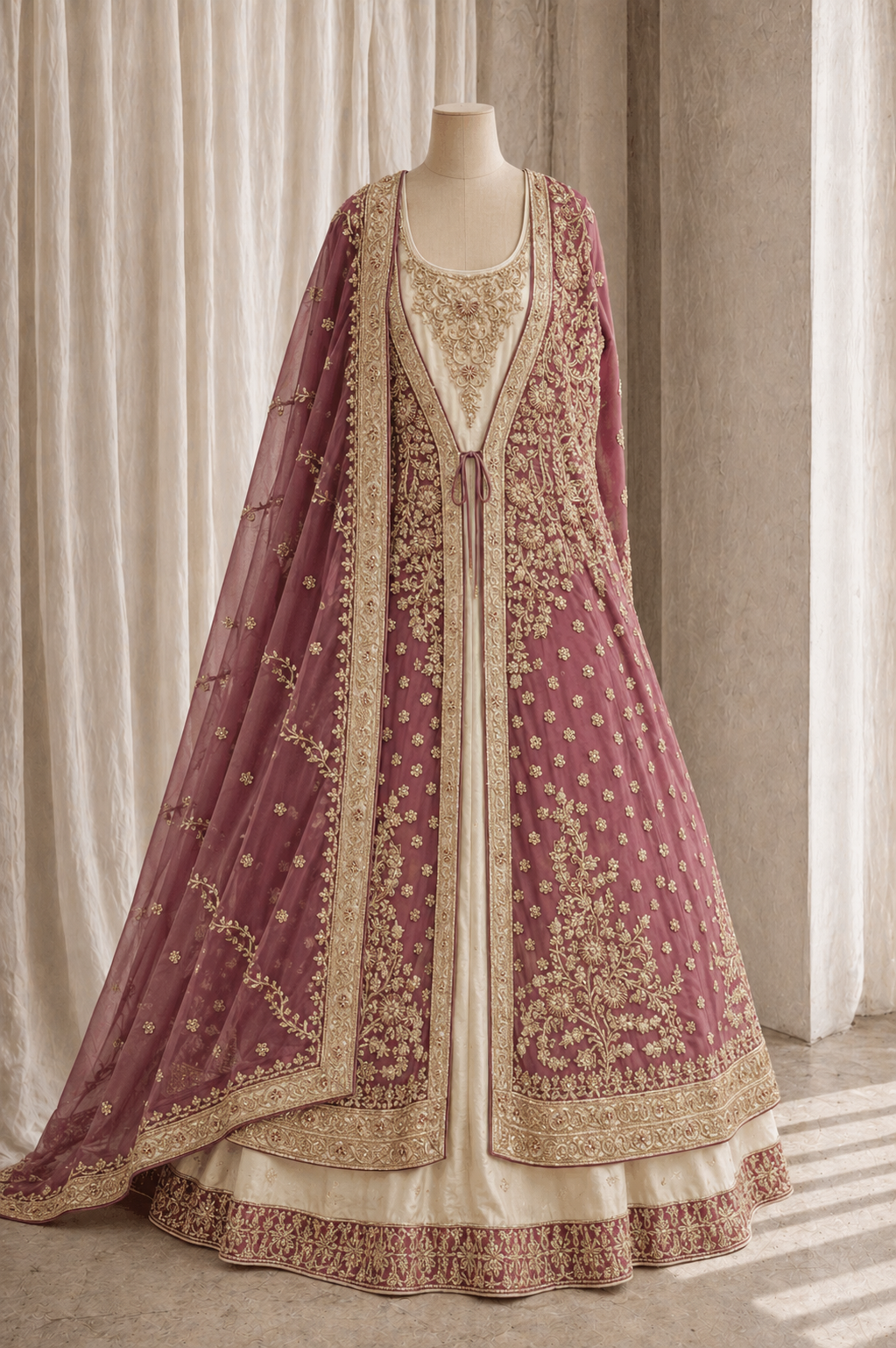 Awesome Zardozi Work and Georgette Fabric Mauve Pink Color Bridal Indo-Western Gown