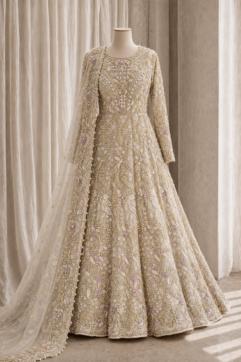 Amazing Diamond Work and Soft Net Fabric Beige Color Indo-Western Gown