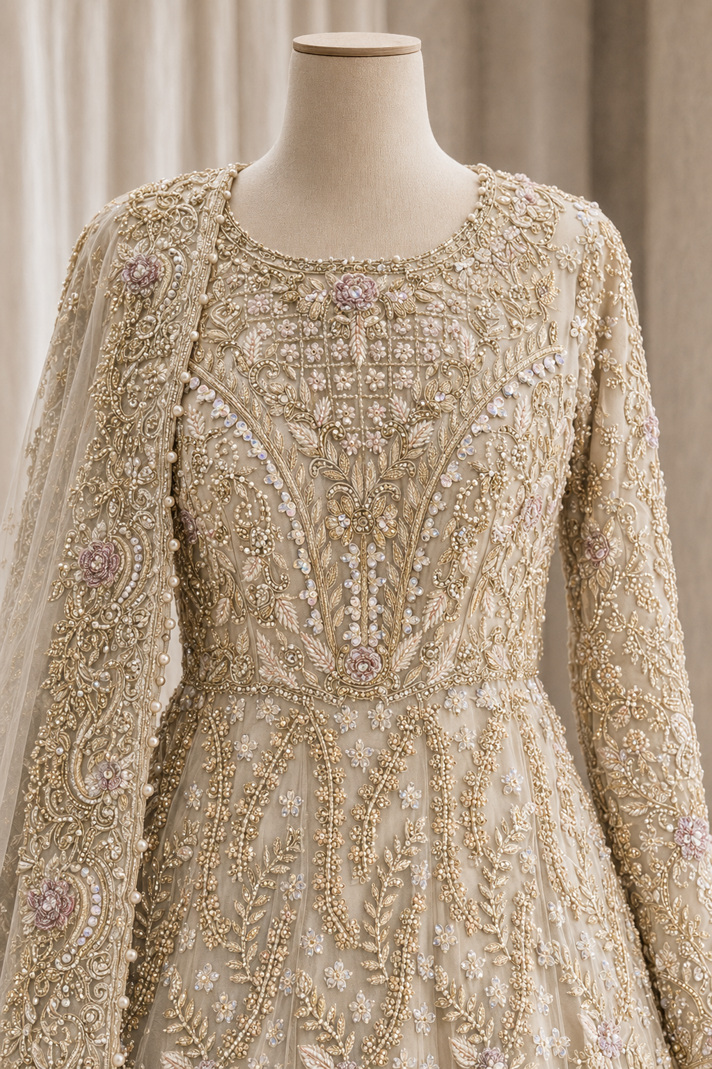 Amazing Diamond Work and Soft Net Fabric Beige Color Indo-Western Gown