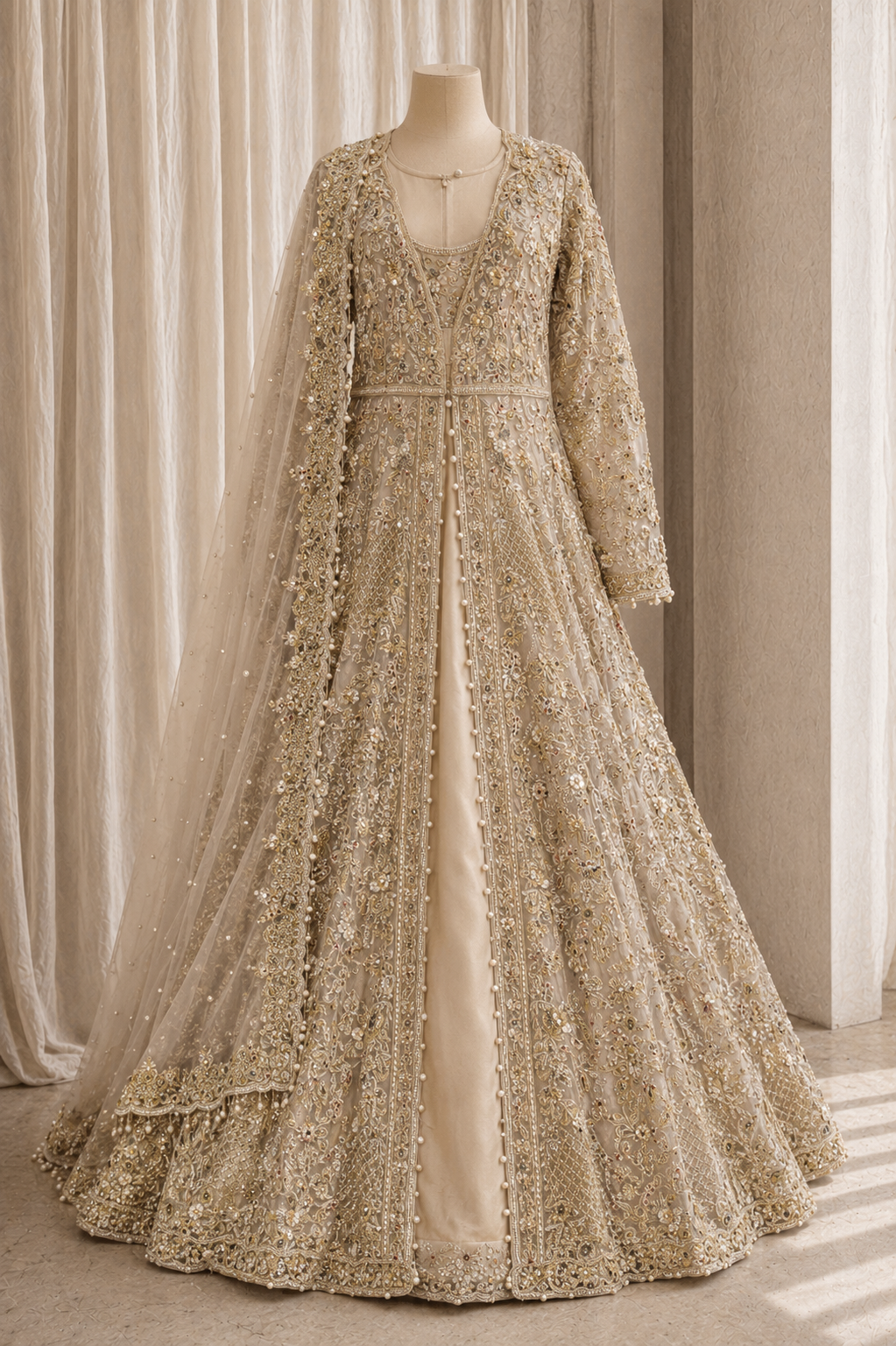 Fabulous Diamond Work and Soft Net Fabric Beige Color Jacket Style Indo-Western Gown