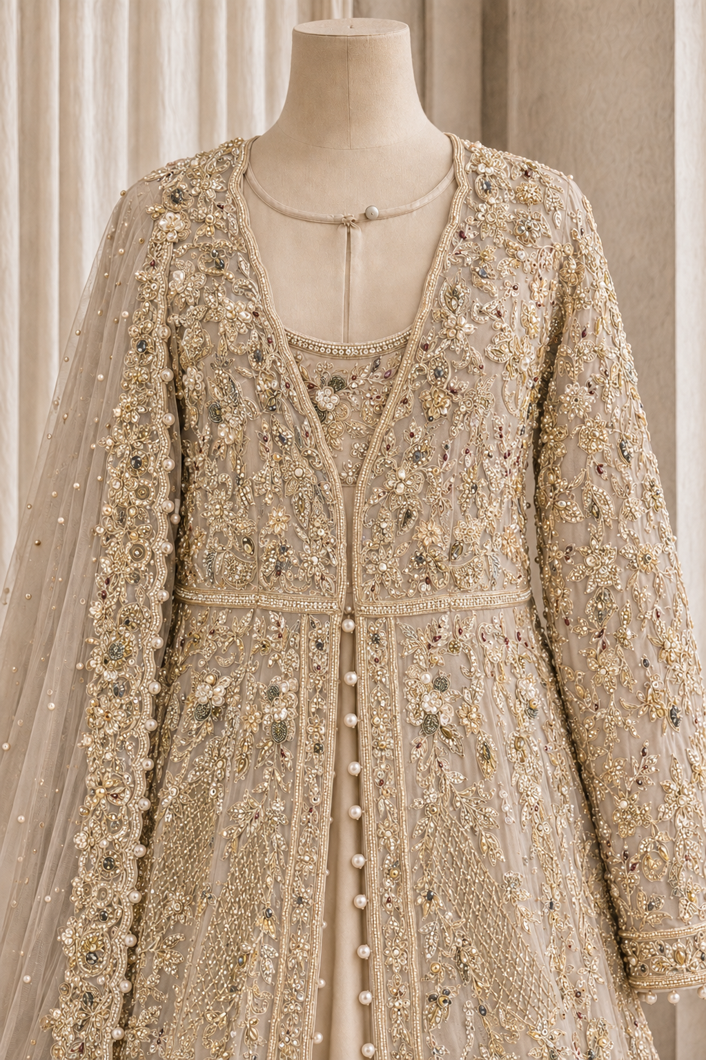 Fabulous Diamond Work and Soft Net Fabric Beige Color Jacket Style Indo-Western Gown