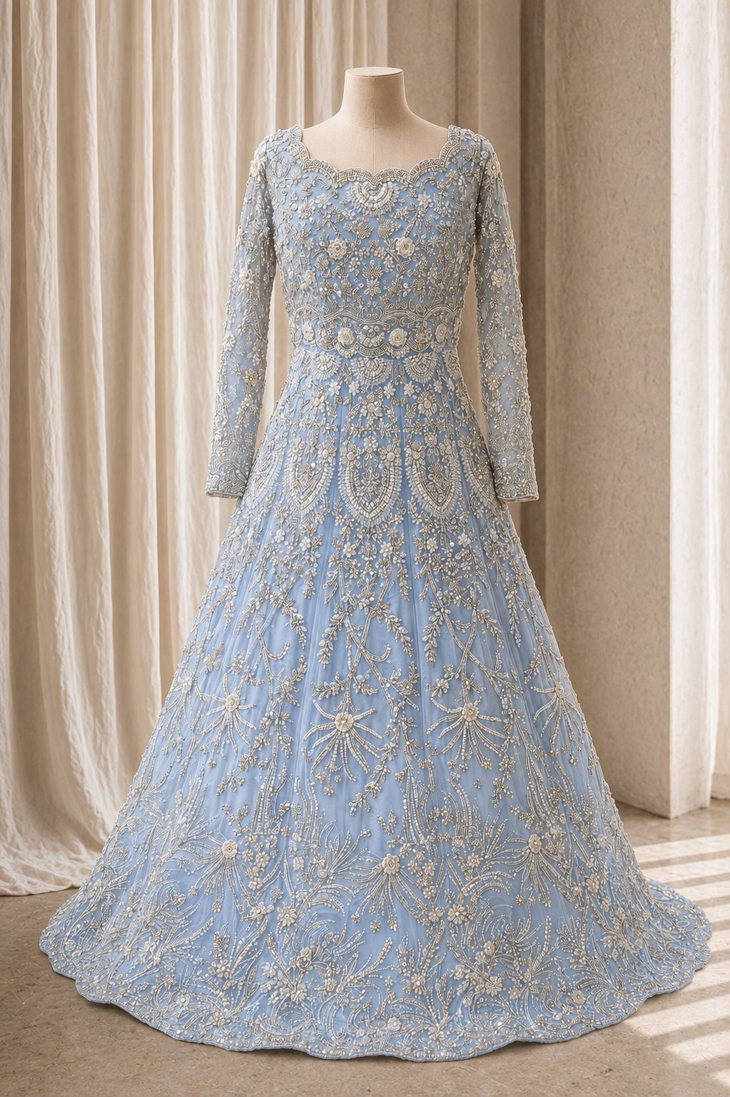 Fantastic Diamond Work and Soft Net Fabric Grey Blue Color Long Trial Gown