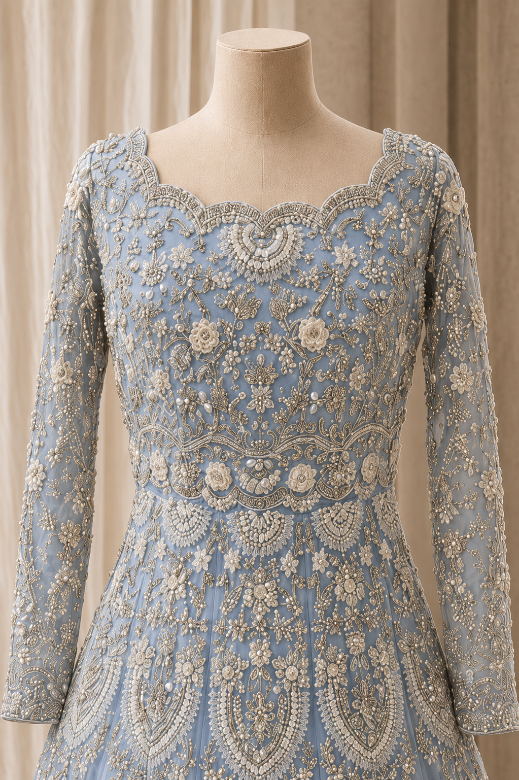 Fantastic Diamond Work and Soft Net Fabric Grey Blue Color Long Trial Gown