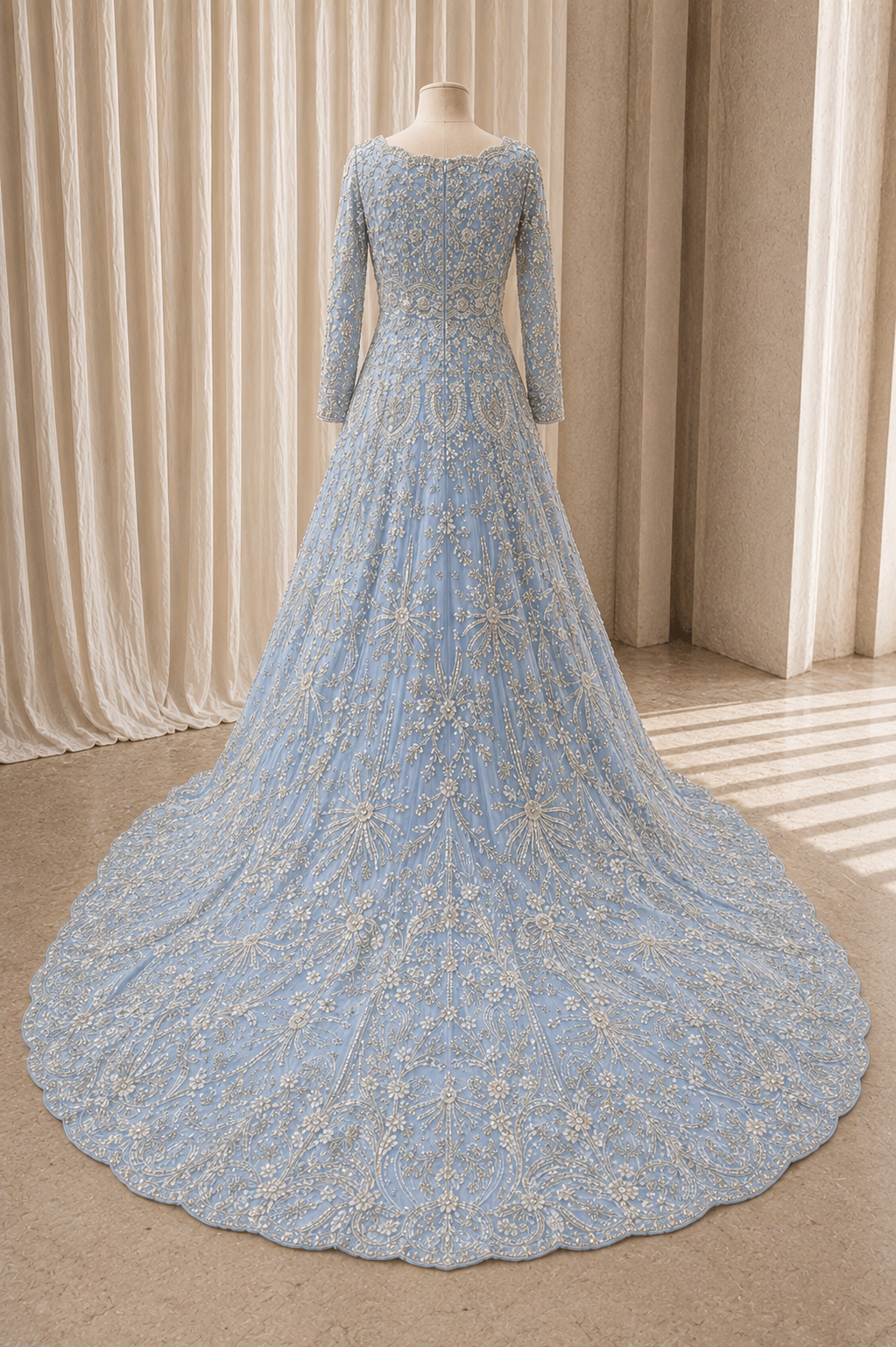 Fantastic Diamond Work and Soft Net Fabric Grey Blue Color Long Trial Gown