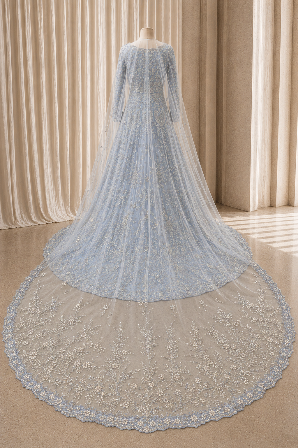 Fantastic Diamond Work and Soft Net Fabric Grey Blue Color Long Trial Gown