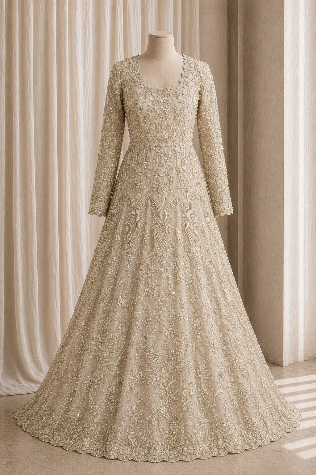 Beautiful Diamond Work and Soft Net Fabric Beige Color Long Trial Gown