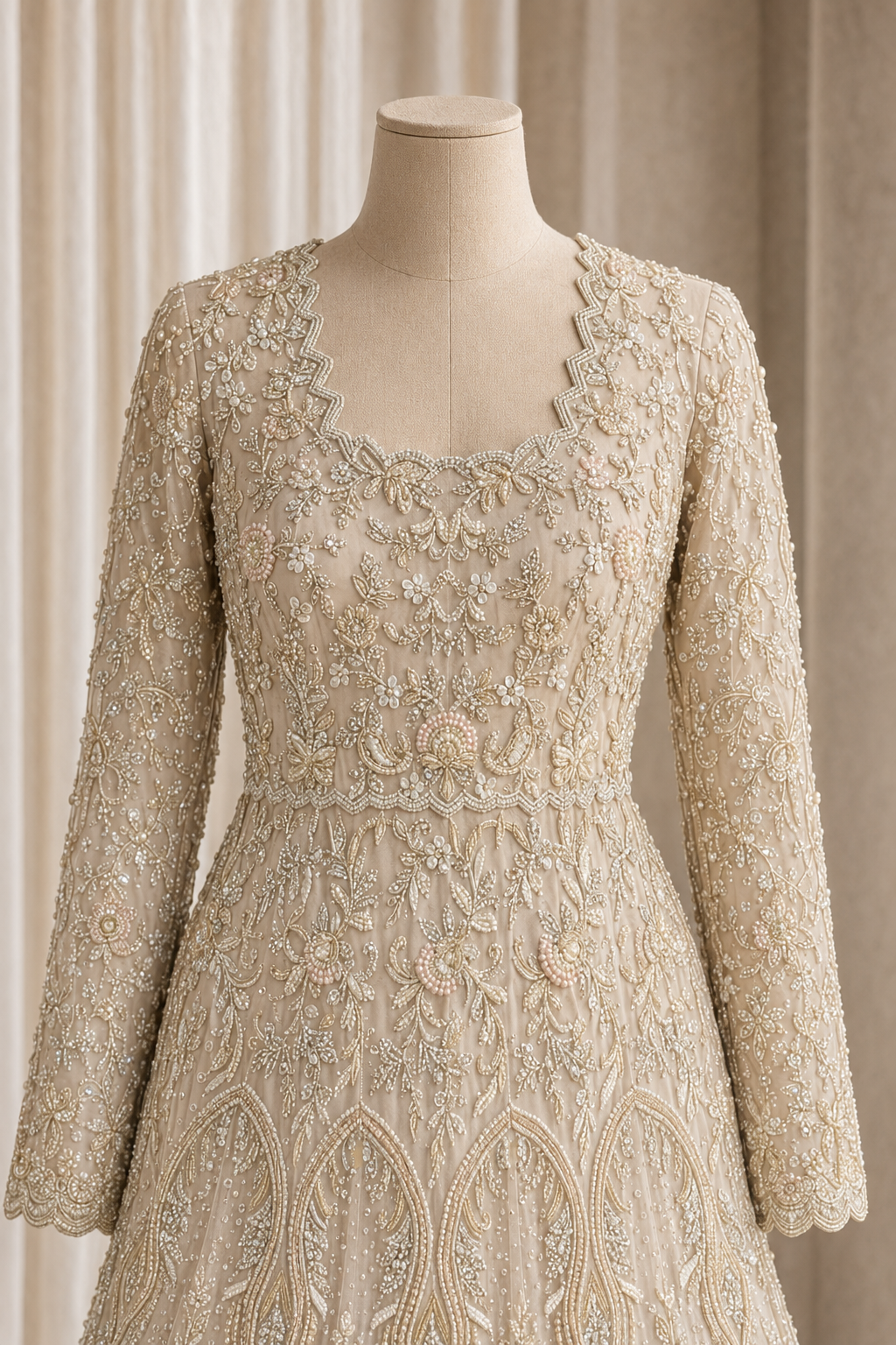 Beautiful Diamond Work and Soft Net Fabric Beige Color Long Trial Gown