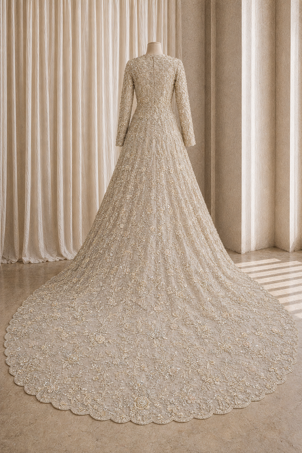 Beautiful Diamond Work and Soft Net Fabric Beige Color Long Trial Gown
