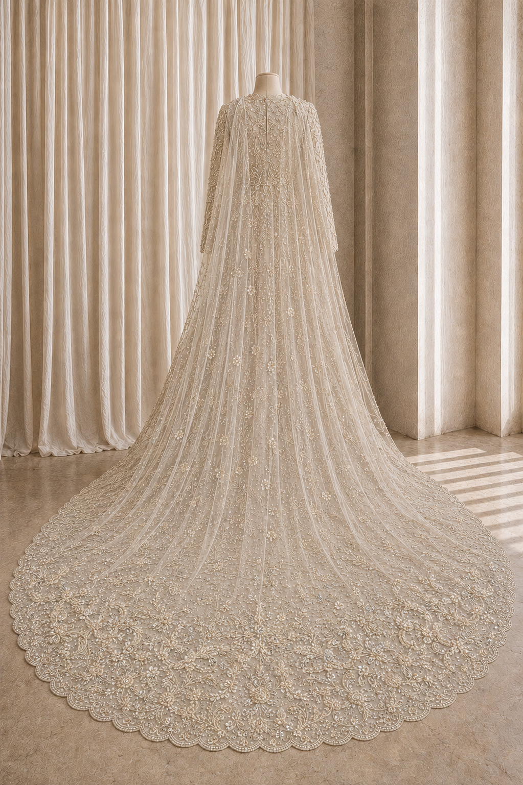 Beautiful Diamond Work and Soft Net Fabric Beige Color Long Trial Gown