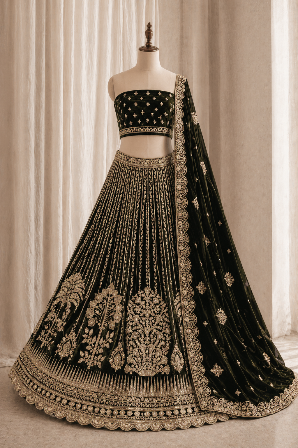 Marvelous Velvet Fabric and Dark Green Color Sequins Work Lehenga Choli