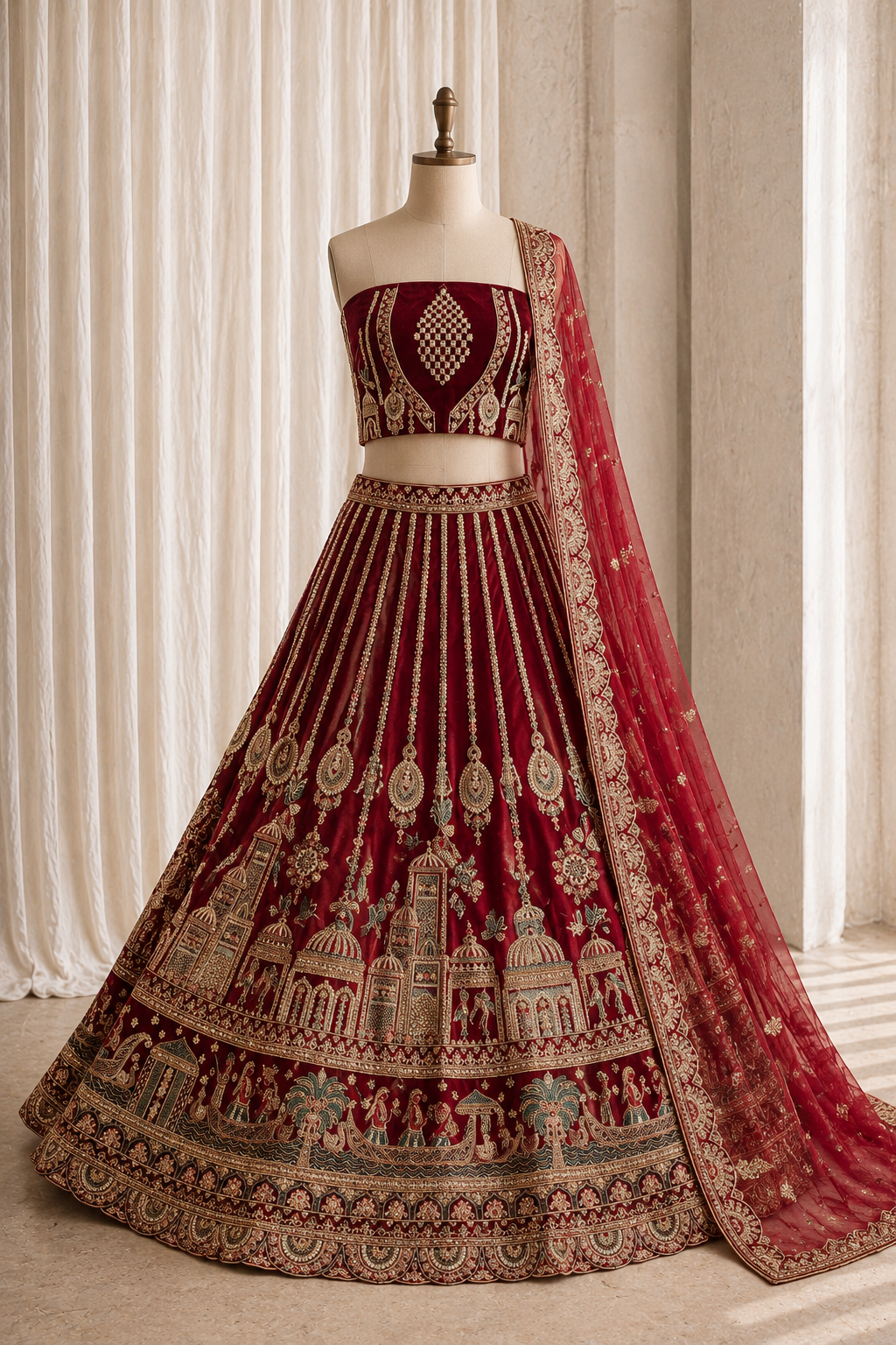 Terrific Velvet Fabric and Maroon Color Kasab Work Lehenga Choli