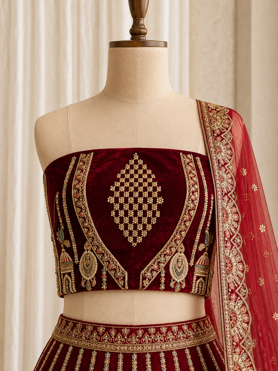 Terrific Velvet Fabric and Maroon Color Kasab Work Lehenga Choli