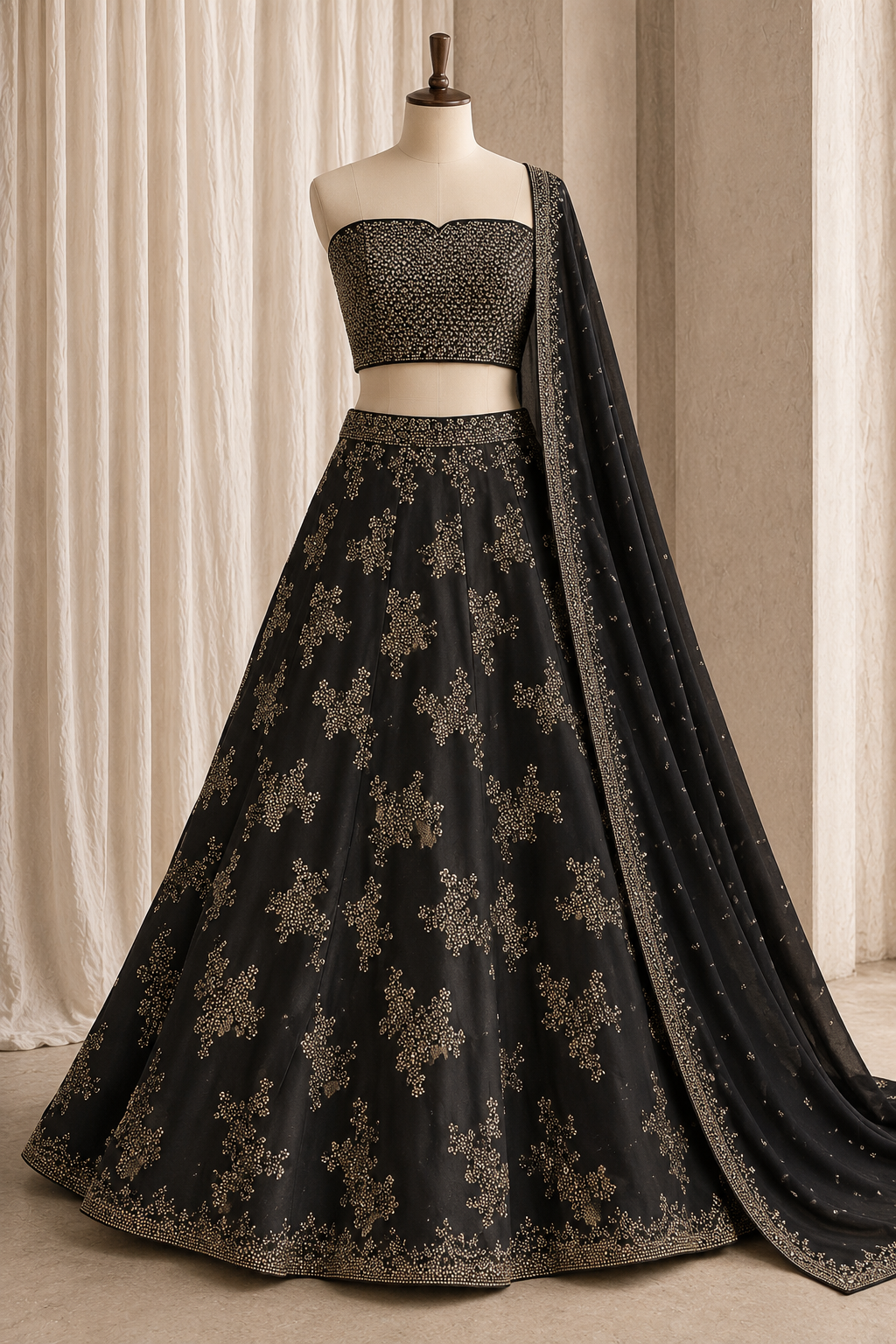 Glamorous Satin Silk Fabric and Black Color Swarovski Work Lehenga Choli