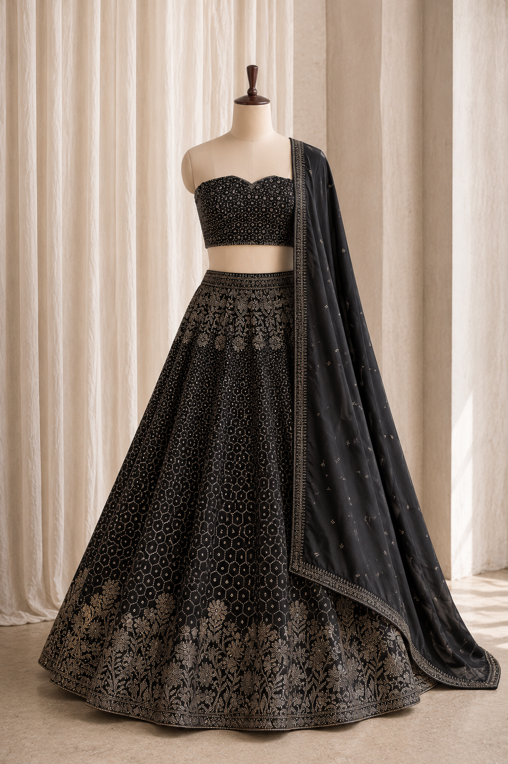 Good-looking Satin Silk Fabric and Black Color Swarovski Work Lehenga Choli