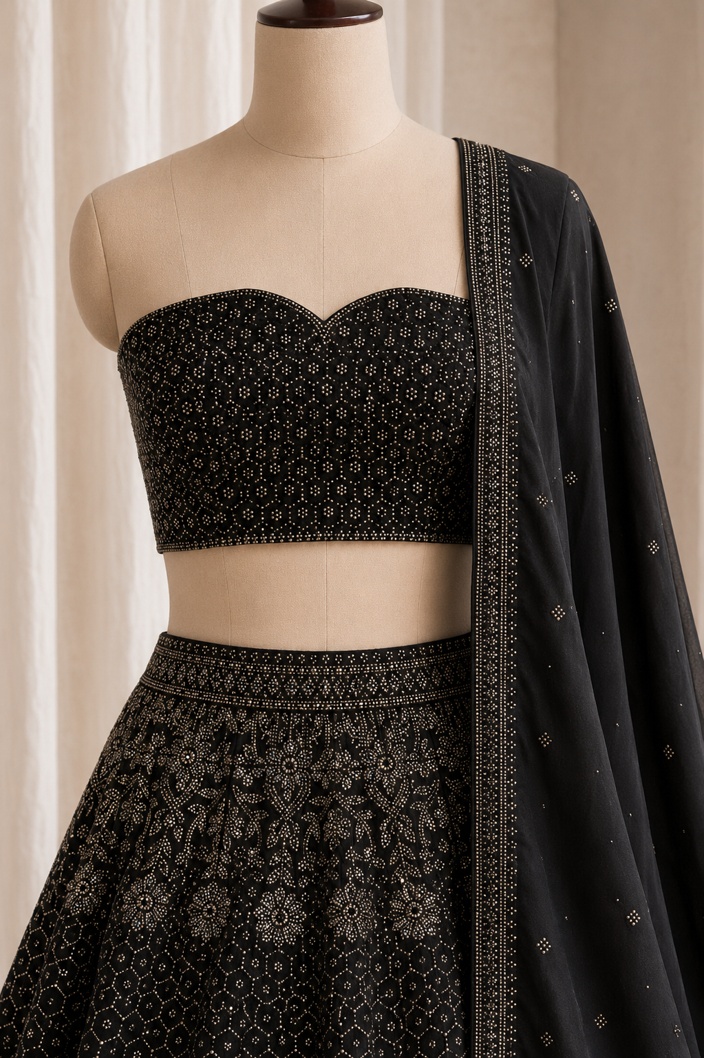 Good-looking Satin Silk Fabric and Black Color Swarovski Work Lehenga Choli