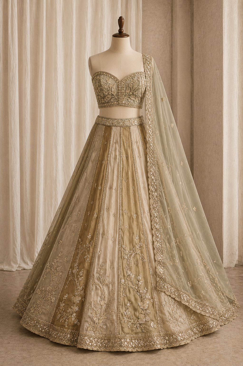 Charming Organza Silk Fabric and Beige Color Kasab Work Lehenga Choli