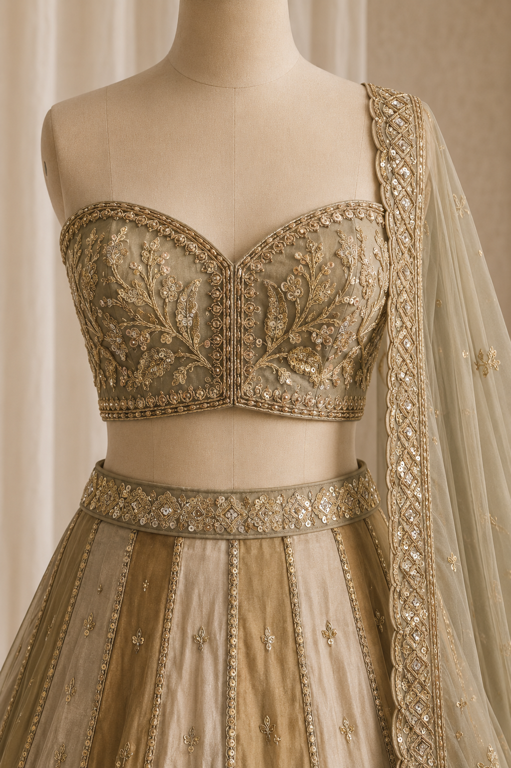 Charming Organza Silk Fabric and Beige Color Kasab Work Lehenga Choli