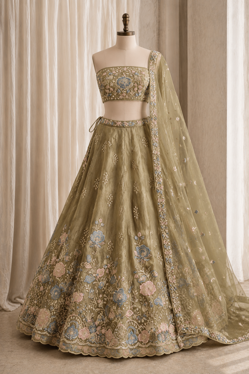 Lovely Organza Fabric and Pastel Green Color Moti Work Lehenga Choli