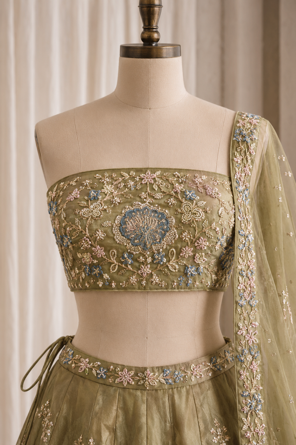 Lovely Organza Fabric and Pastel Green Color Moti Work Lehenga Choli
