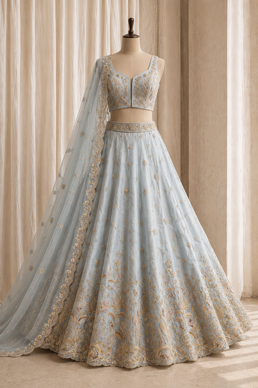 Stunning Tissue Silk Fabric and Sky Blue Color MOti Work Lehenga Choli