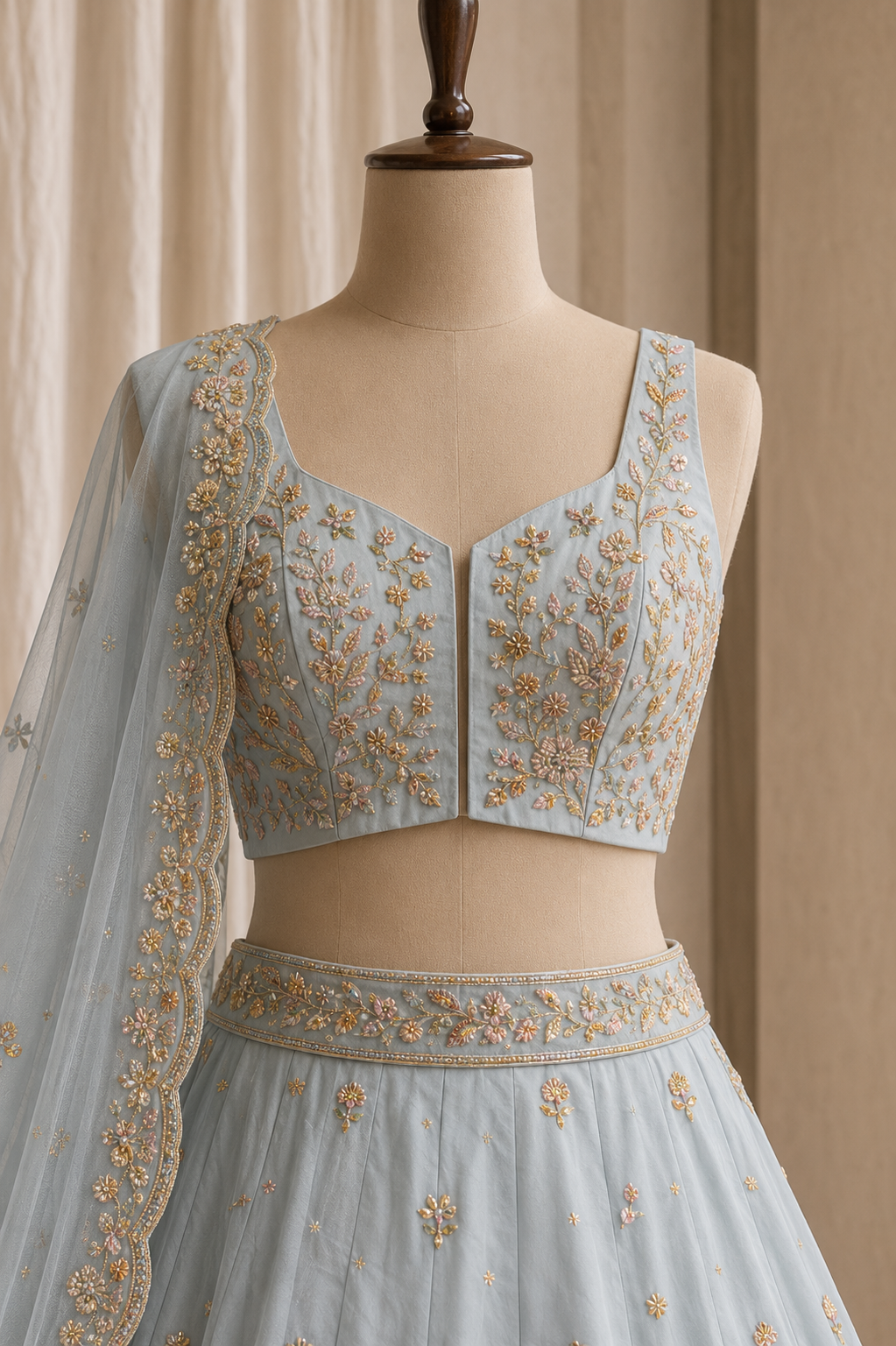 Stunning Tissue Silk Fabric and Sky Blue Color MOti Work Lehenga Choli