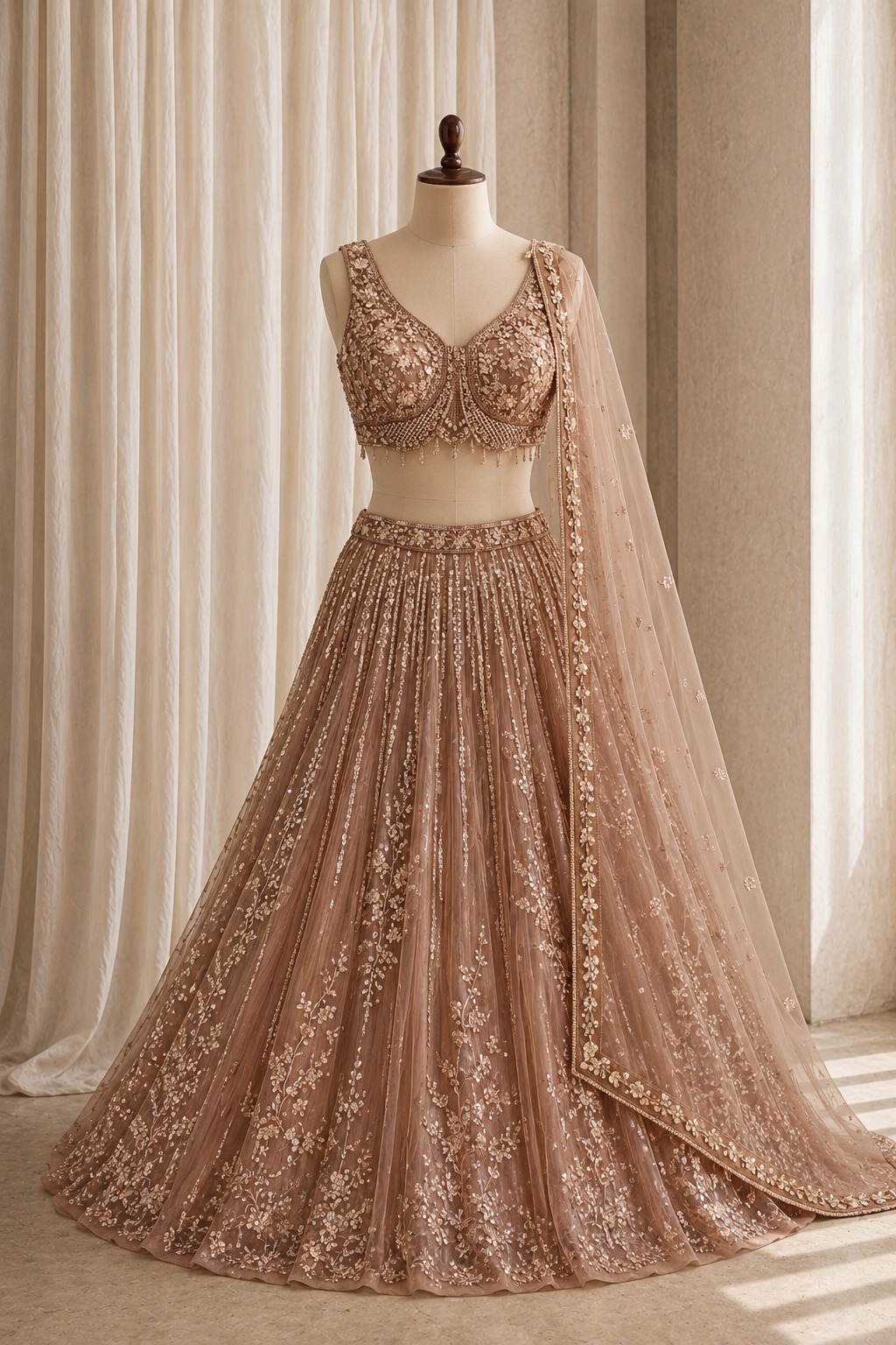 Cute Soft Net Fabric and Brown Color Cutdana Work Lehenga Choli